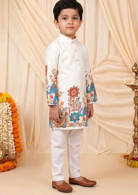 Boys off white rayon sequined elephant floral border kurta pyjama set 5