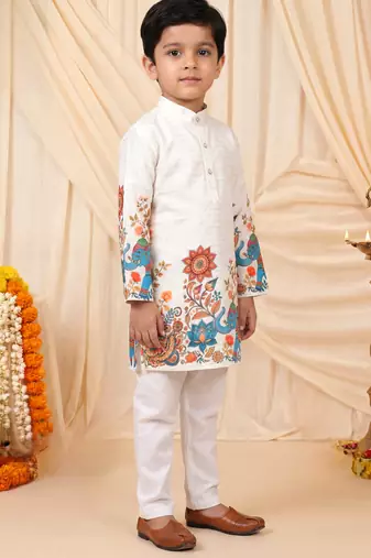 Boys off white rayon sequined elephant floral border kurta pyjama set