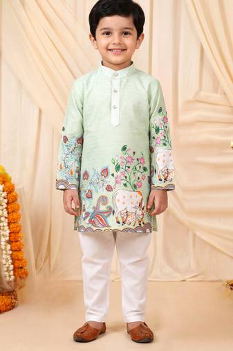 Boys light green rayon sequined heritage cow floral border kurta pyjama set