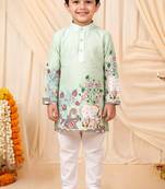 Boys light green rayon sequined heritage cow floral border kurta pyjama set