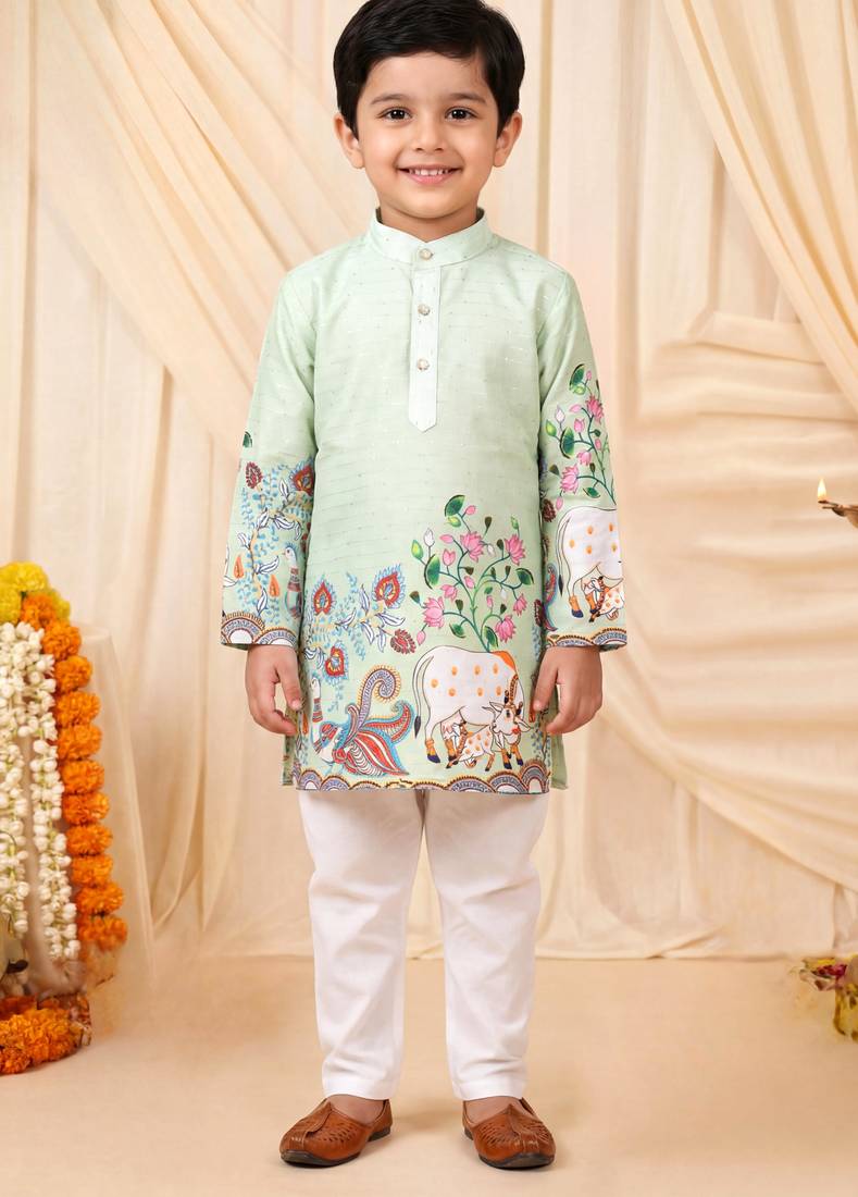 Boys light green rayon sequined heritage cow floral border kurta pyjama set