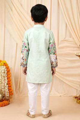Boys light green rayon sequined heritage cow floral border kurta pyjama set 2