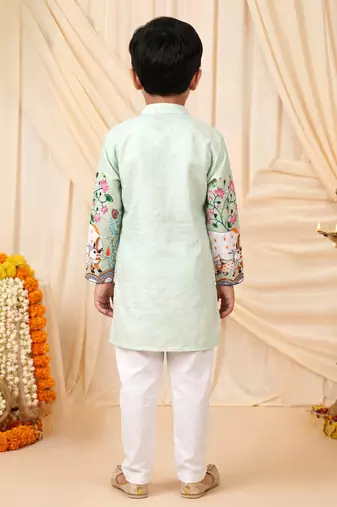 Boys light green rayon sequined heritage cow floral border kurta pyjama set