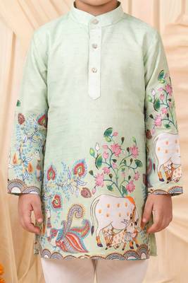 Boys light green rayon sequined heritage cow floral border kurta pyjama set 3