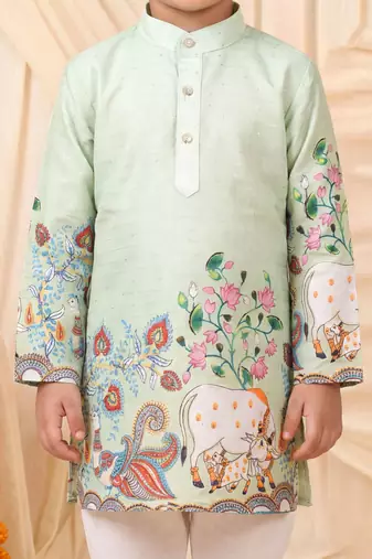 Boys light green rayon sequined heritage cow floral border kurta pyjama set