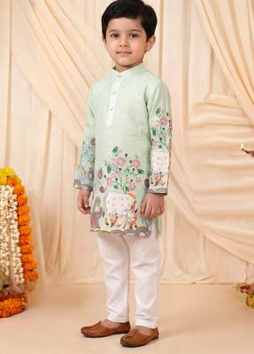 Boys light green rayon sequined heritage cow floral border kurta pyjama set 4