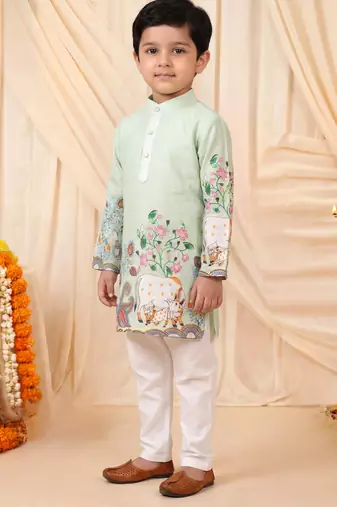 Boys light green rayon sequined heritage cow floral border kurta pyjama set