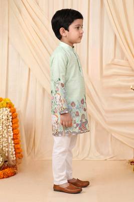 Boys light green rayon sequined heritage cow floral border kurta pyjama set 5