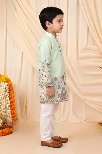 Boys light green rayon sequined heritage cow floral border kurta pyjama set