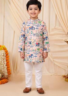 Boys peach rayon heritage elephant garden all over print kurta pyjama set 1
