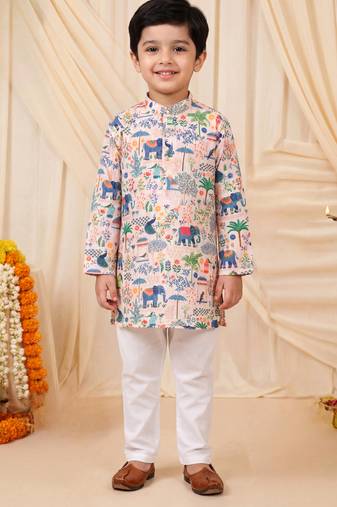 Boys peach rayon heritage elephant garden all over print kurta pyjama set