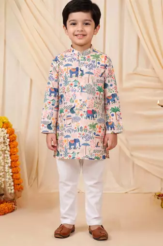 Boys peach rayon heritage elephant garden all over print kurta pyjama set