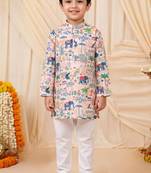 Boys peach rayon heritage elephant garden all over print kurta pyjama set