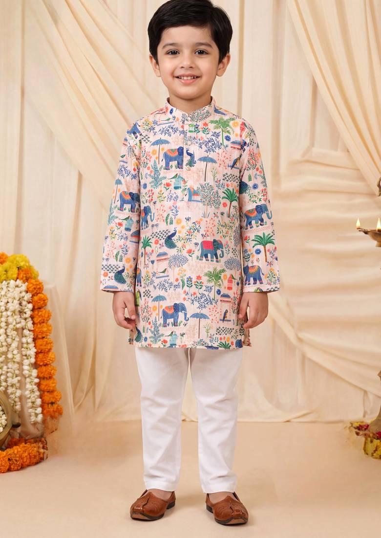 Boys peach rayon heritage elephant garden all over print kurta pyjama set