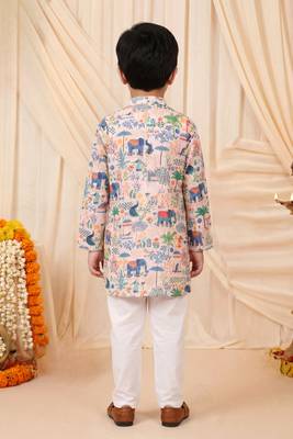 Boys peach rayon heritage elephant garden all over print kurta pyjama set 2