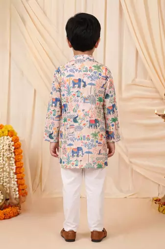 Boys peach rayon heritage elephant garden all over print kurta pyjama set