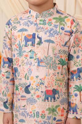 Boys peach rayon heritage elephant garden all over print kurta pyjama set 3