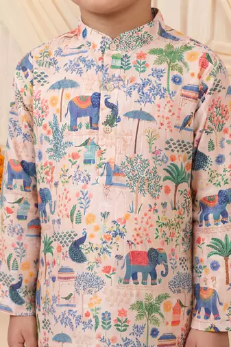 Boys peach rayon heritage elephant garden all over print kurta pyjama set