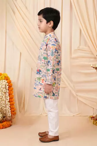 Boys peach rayon heritage elephant garden all over print kurta pyjama set