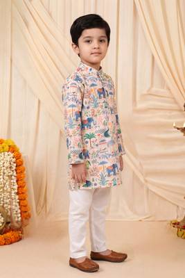 Boys peach rayon heritage elephant garden all over print kurta pyjama set 5