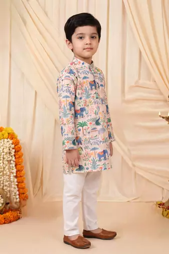 Boys peach rayon heritage elephant garden all over print kurta pyjama set