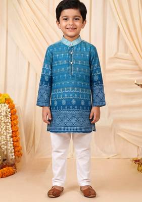 Boys teal blue premium rayon heritage bandhani motif print kurta pyjama set 1
