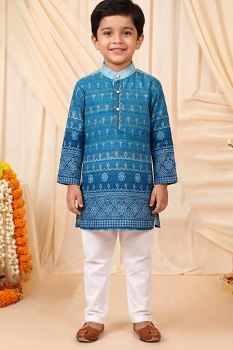 Boys teal blue premium rayon heritage bandhani motif print kurta pyjama set