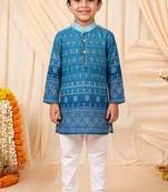 Boys teal blue premium rayon heritage bandhani motif print kurta pyjama set