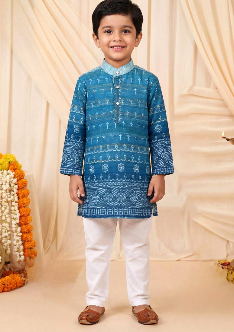 Boys teal blue premium rayon heritage bandhani motif print kurta pyjama set