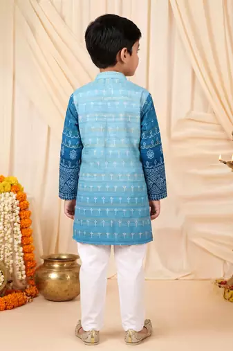 Boys teal blue premium rayon heritage bandhani motif print kurta pyjama set