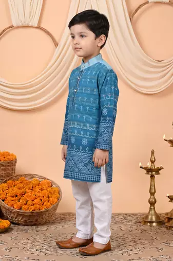 Boys teal blue premium rayon heritage bandhani motif print kurta pyjama set
