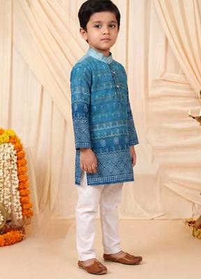 Boys teal blue premium rayon heritage bandhani motif print kurta pyjama set 5