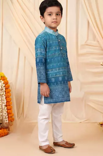 Boys teal blue premium rayon heritage bandhani motif print kurta pyjama set