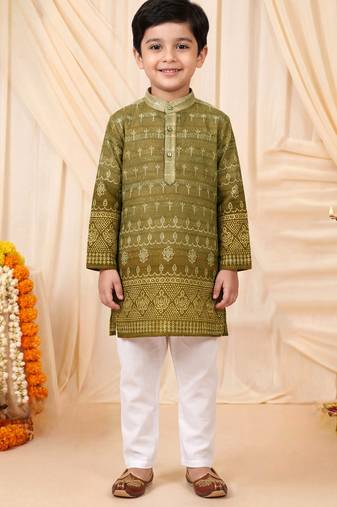Boys olive green premium rayon heritage bandhani motif print kurta pyjama set
