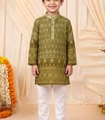 Boys olive green premium rayon heritage bandhani motif print kurta pyjama set