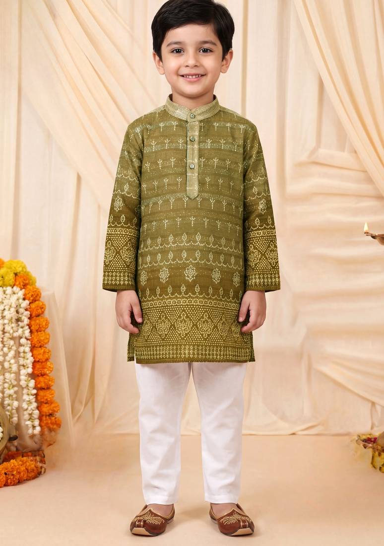 Boys olive green premium rayon heritage bandhani motif print kurta pyjama set