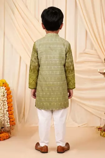 Boys olive green premium rayon heritage bandhani motif print kurta pyjama set