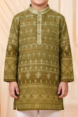 Boys olive green premium rayon heritage bandhani motif print kurta pyjama set 3