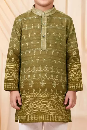 Boys olive green premium rayon heritage bandhani motif print kurta pyjama set