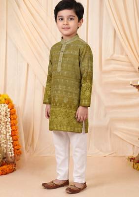 Boys olive green premium rayon heritage bandhani motif print kurta pyjama set 4