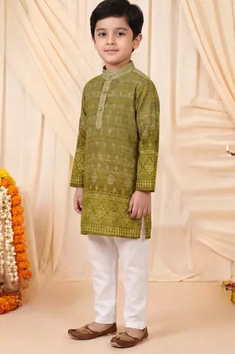 Boys olive green premium rayon heritage bandhani motif print kurta pyjama set