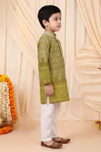 Boys olive green premium rayon heritage bandhani motif print kurta pyjama set