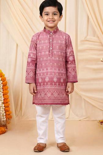 Boys rose pink premium rayon heritage bandhani motif print kurta pyjama set