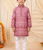 Boys rose pink premium rayon heritage bandhani motif print kurta pyjama set