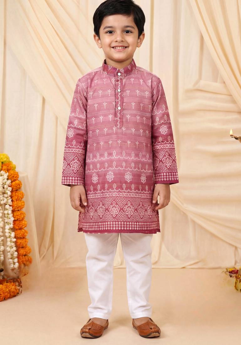 Boys rose pink premium rayon heritage bandhani motif print kurta pyjama set