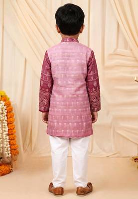 Boys rose pink premium rayon heritage bandhani motif print kurta pyjama set 2