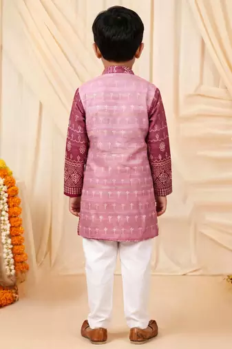 Boys rose pink premium rayon heritage bandhani motif print kurta pyjama set