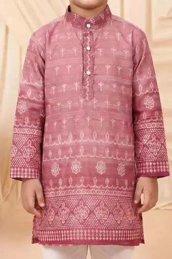 Boys rose pink premium rayon heritage bandhani motif print kurta pyjama set