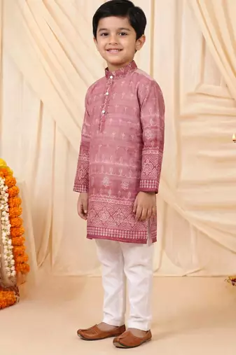 Boys rose pink premium rayon heritage bandhani motif print kurta pyjama set