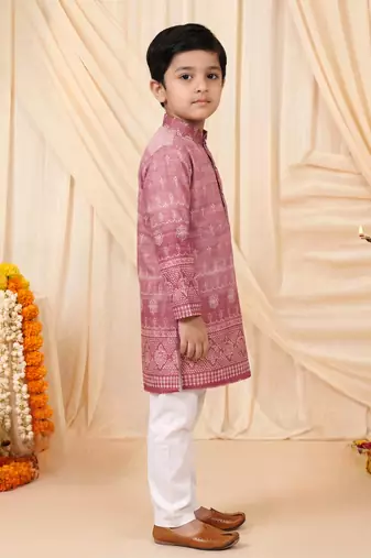 Boys rose pink premium rayon heritage bandhani motif print kurta pyjama set